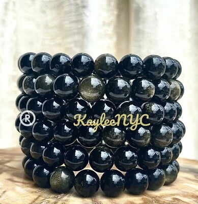 "Lote al por mayor de 6 piezas brazalete elástico de obsidiana brillante dorado 8 mm 7,5""" Foto 1 de 3