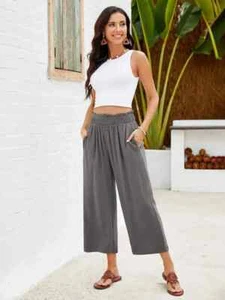 Damen Caprihose hoher Bund weites Bein Leinen elastisch gesmokter Bund fließende Hose - Bild 1 von 24