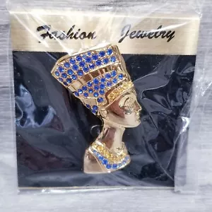 Spilla spilla Nefertiti regina Egitto tono oro con strass blu gioielli - Foto 1 di 2