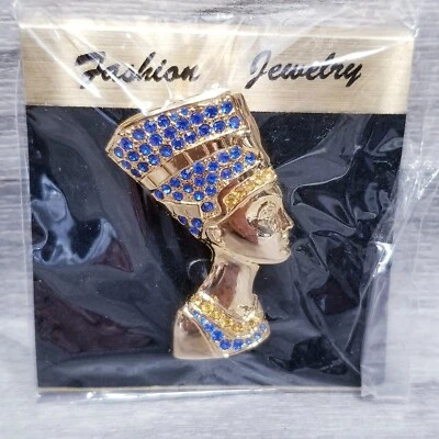 Nefertiti Queen Egypt Pin Brooch Gold Tone with Blue Rhinestone Jewelry - Image 1 of 2