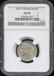 IInd République (1848-1852) 1 Franc Cérès 1851 A Paris NGC AU 58 - Imagen 1 de 2