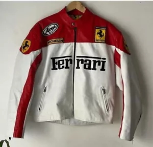 Ferrari Racing Leather Jacket Vintage Streetwear Embroidered Jacket - Picture 1 of 6