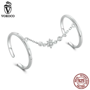 Voroco 925 Sterling Silver Chain Double CZ Open Finger Ring Women Gifts Jewelry - Foto 1 di 16
