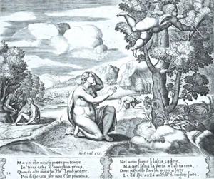 c1600 Amor und Psyche Eros flieht Pan und Nymphe Kupferstich des 17. Jh - Bild 1 von 1