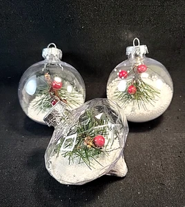 Handcrafted Clear Plastic Round & Teardrop Snow Filled Ornaments Set Of 3 - Picture 1 of 6