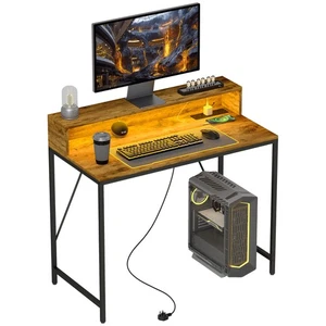 HOMCOM Computer Desk with LED Lights, Study Table with Shelf, Rustic Brown - Picture 1 of 11