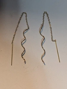14K Yellow Gold~**1 1/8" SPIRAL CHAIN THREADER EARRINGS**~.5 Grams~SIGNED JCM - Picture 1 of 6