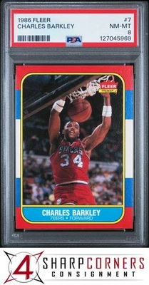 1986 FLEER #7 CHARLES BARKLEY RC 76ERS HOF PSA 8 - Image 1 of 3