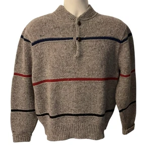 PENDLETON M Henley Tweed Gray Stripe Virgin Wool Leather Button Pullover Sweater - Picture 1 of 9
