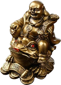 Feng Shui Laughing Buddha, Wealth Laughing Buddha Sit on Money Frog Statue Lucky - Picture 1 of 5