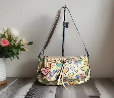 Vtg DOONEY Bourke Pink Heart Crayon Scribble Bag Y2k 90s Leather Trim - Image 1 of 4