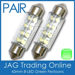 2x 43mm 8-LED GREEN FESTOON INTERIOR LIGHT GLOBES/BULBS - Car/Boat/Trailer/Truck - Picture 1 of 2