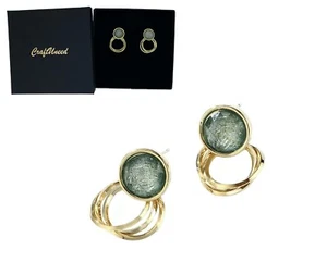 Women retro green jade faux opal circle earrings 925 silver plated pin - Picture 1 of 6