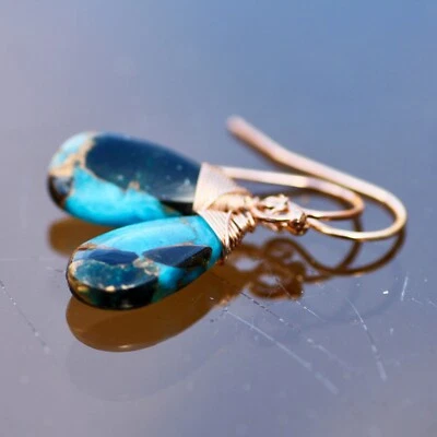 Pendientes Turquesa Obsidiana Natural Llenos Oro Rosa 14k, Ganchos Nacimientos Diciembre Foto 1 de 4