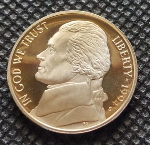 1994 S Proof Jefferson Nickel - From a Proof Set - Free Shipping Cover
