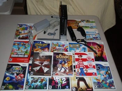 BLACK NINTENDO WII SYSTEM W/15 GAMES SUPER MARIO SONIC WII SPORTS RESORT MORE - Image 1 of 4