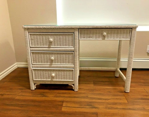 Henry Link White Wicker desk with a fitted Glass Top Insert 1960's Cover
