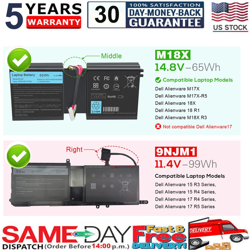 Batería para Dell Alienware 17 18 17X 18X 15 R3 R4 17 R4 R5 Series HF250 9NJM1 Foto 1 de 4