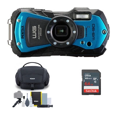 PENTAX WG-90 Compact Camera, Blue w. Accessory Cleaning Kit Bag and SanDisk 64GB Foto 1 de 4