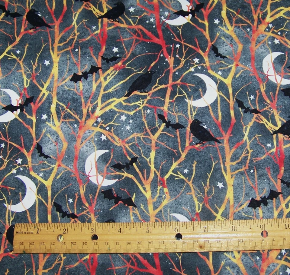1 yd Hoffman BLACK CROWS w ORANGE & YELLOW TREES on 100% Cotton Fabric HALLOWEEN - Image 1 of 1