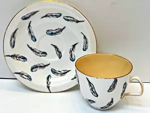 VTG 1850 EB Foley Teacup & Saucer Fine Bone China Rare Feather Design Gold Trim - Picture 1 of 7