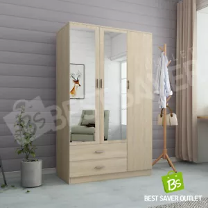 Mirrored Wardrobe Organiser Bedroom Storage Clothes Closet Cabinet 3 Doors Oak - Picture 1 of 11