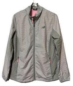 Chaqueta de Correr New Balance Para Mujer Grande Gris Blanco Rayas Deportiva Cremallera Completa Forrada - Imagen 1 de 12