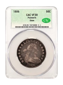 1806 Half Dollars Draped Bust CACG VF 30 CAC Pointed 6 Stem - Foto 1 di 3