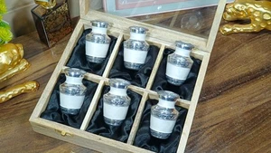 Set of 6 White Small Keepsake Cremation Urns for Human Ashes with Wooden Case - Picture 1 of 13