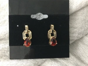 Vintage 1930's 10k Yellow Gold Spessartine Garnet & Diamond Drop Stud Earrings - Picture 1 of 14