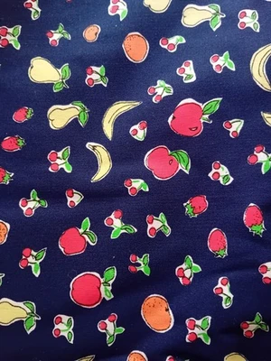 COTTON Fabric 3 METRES 55'' W NAVY BLUE FRUIT  Apple ORANGE Cherry BANANA PRINT - Image 1 of 4