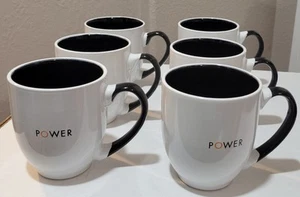 Coffee Mugs Cups Lof of 6 POWER Logo White Black Handle 4.5" tall x 3" wide NWOT - Picture 1 of 8