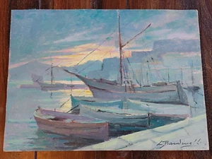 Gemälde Ölbild Öl auf Holz mit Signatur - Marina - Hafen beim Sonnenuntergang - Bild 1 von 9