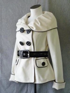 Betsey Johnson Winter White Black Trim Big Collar Buttons Belt Pinup Fit Coat~10 - Picture 1 of 12