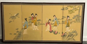 Japanischer Vintage 4 Panel Klappschirm asiatisch Byobu bemalt chinesisch 69x35 Geisha - Bild 1 von 9