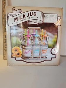 NEW Milk Jug Caddy Set- 6 GLASS MILK Bottles W Galvanized Metal Carrying Caddy - Picture 1 of 8