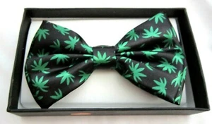 UNISEX BLACK WITH GREEN MARIJUANA MJ WEED LEAVES ADJUSTABLE STRAP BOW TIE-NEW - Picture 1 of 2