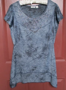 CLEARANCE Cato Poly Blouse SMALL Blue Grey Mixed Studs Cap Sleeves Long EUC - Picture 1 of 6
