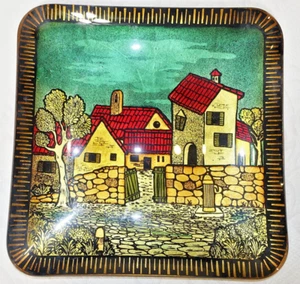 Vintage Ornate Glass Tray Dish Houses Cobblestone Felt Bottom Retro MCM 11"x11" - Picture 1 of 11