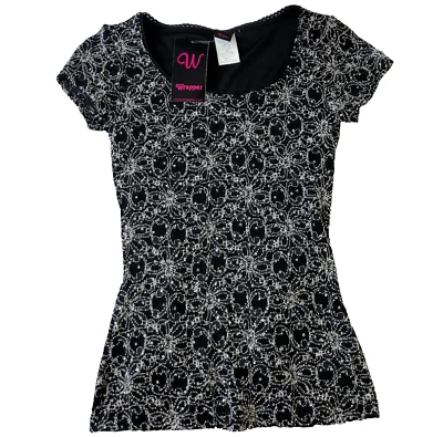 Top envolvente para mujer talla S negro floral brillante elástico forrado manga corta nuevo con etiquetas Foto 1 de 4