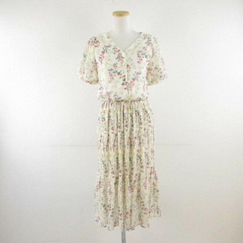 OFF WHITE Abito Ingni floreale chiffon plissettato manica corta lunghezza ginocchio bianco sporco verde