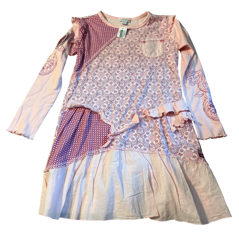 Vestido de babado Naartjie Kids XXL manga comprida rosa e roxo estampa mista novo com etiquetas - Imagem 1 de 3