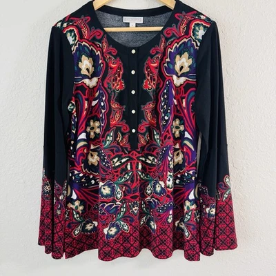 Top túnica floral negro Dana Buchman para mujer talla L manga campana boho color elástico Foto 1 de 4