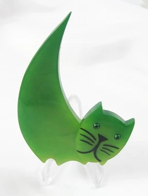 Broche prendedor bigotes pintados ojos cuentas gato verde firmado por Marie Christine Pavone Foto 1 de 4