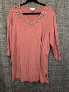 Top túnica manga larga color rosa J.Jill con detalle de cuello en V de ganchillo talla XL - Imagen 1 de 6