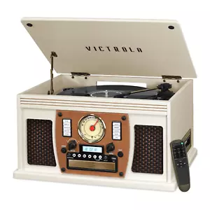 Nostalgic Wood Record Player White Modern Speaker CD Cassette Bluetooth FM Radio - Picture 1 of 6
