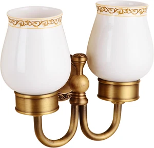 Wall Mounted Bathroom Double Tooth Brushed Cup Holder, Antique Brass Pattern Car - Picture 1 of 8