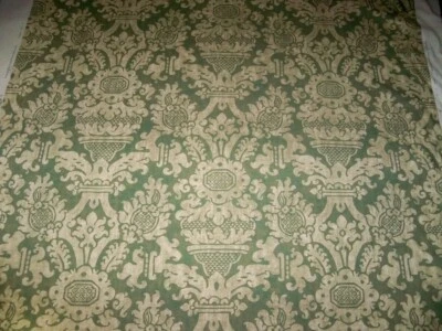 VERVAIN FABIANO DAMASK PRINT LINEN FABRIC 10 YARDS SPRUCE GREEN BEIGE - Image 1 of 4