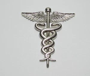 CADUCEUS SYMBOL OF MEDICINE, HERMES HEAVY DUTY ZINC ALLOY SILVER 3D EMBLEM - Picture 1 of 12