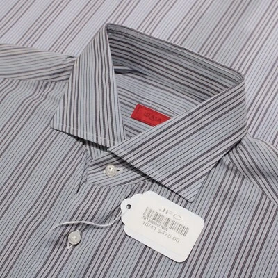 Isaia NWD 100% Cotton Casual Button Down Shirt Size 16 / 41 In Blue Striped - Image 1 of 4